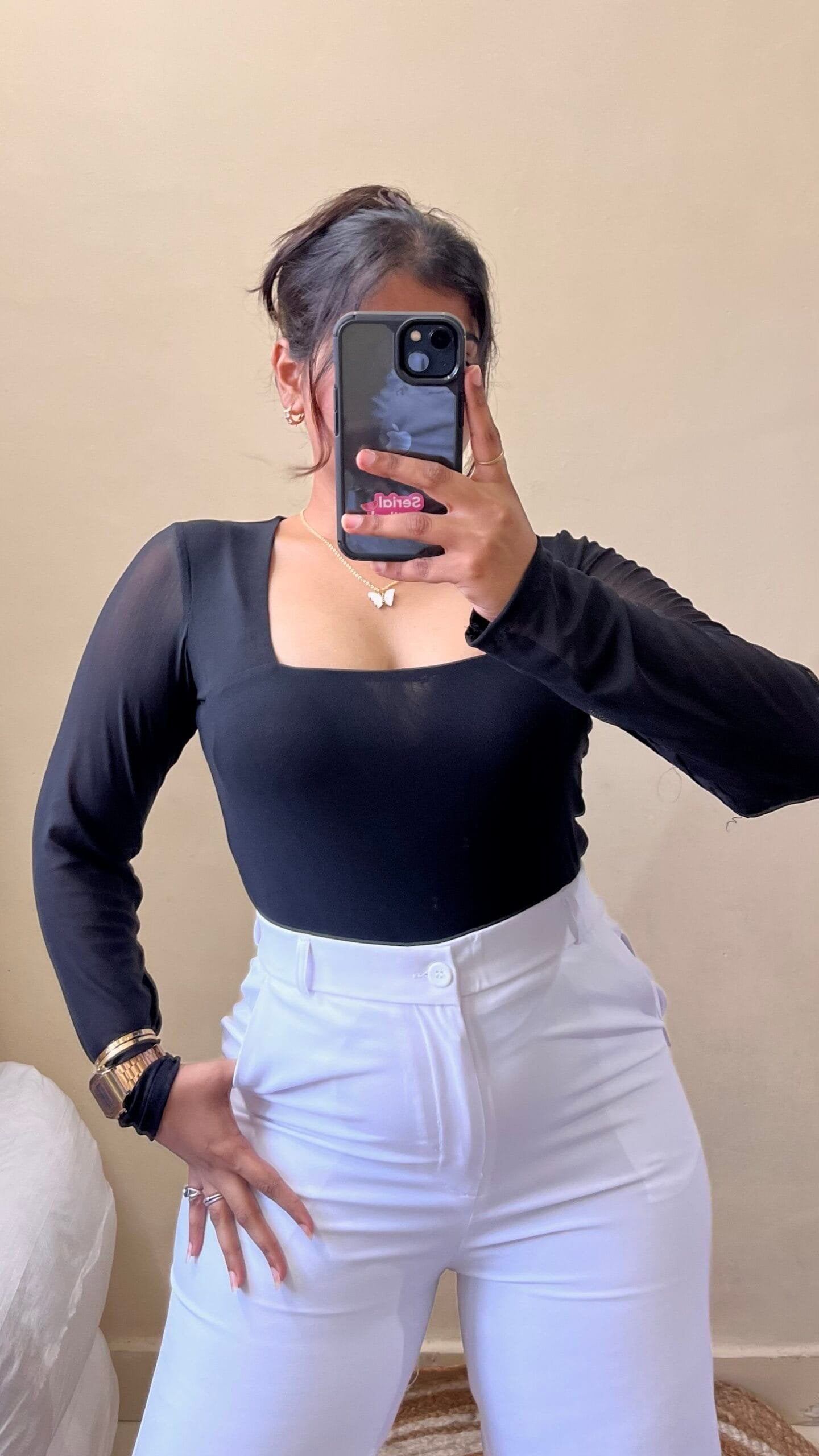 Black Square Neck Mesh Top