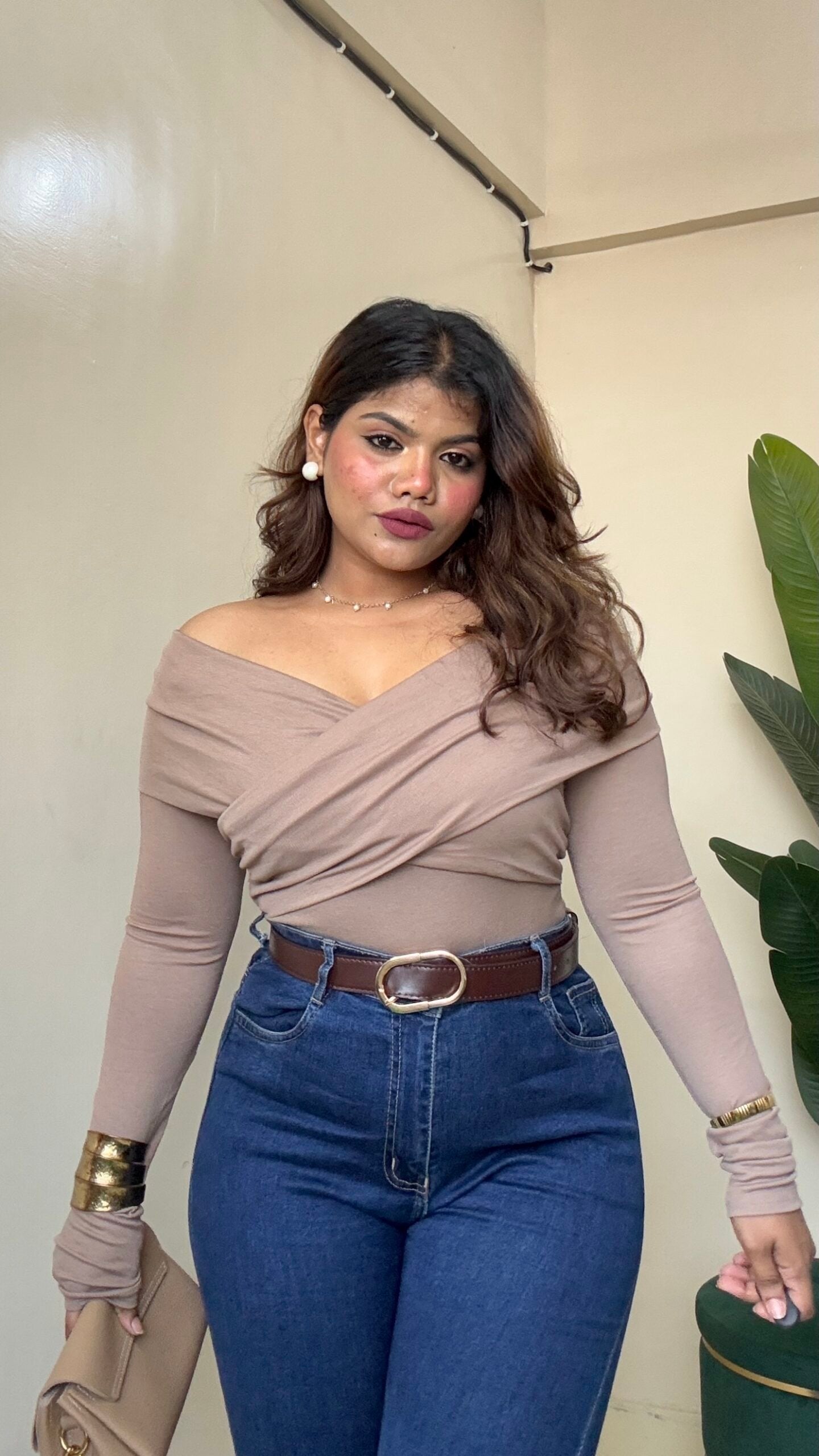Beige Brown Crossover Body-fitted Top