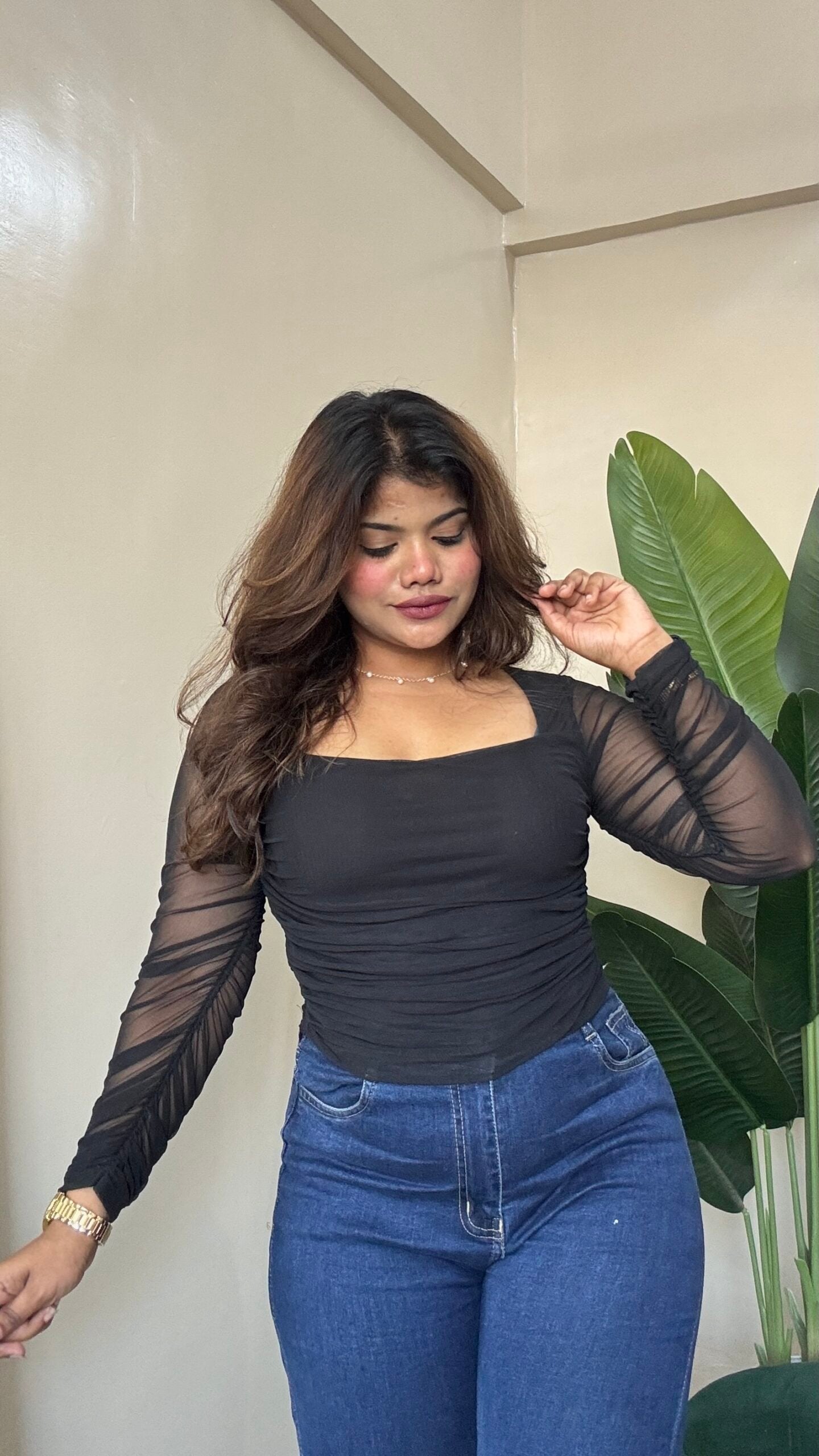 Black Ruched Mesh Top