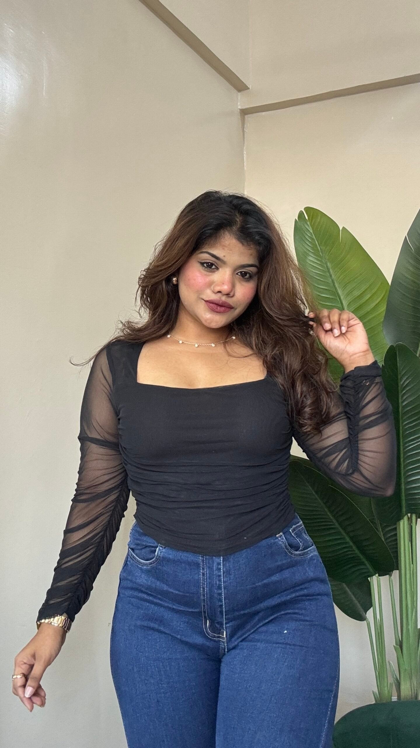Black Ruched Mesh Top