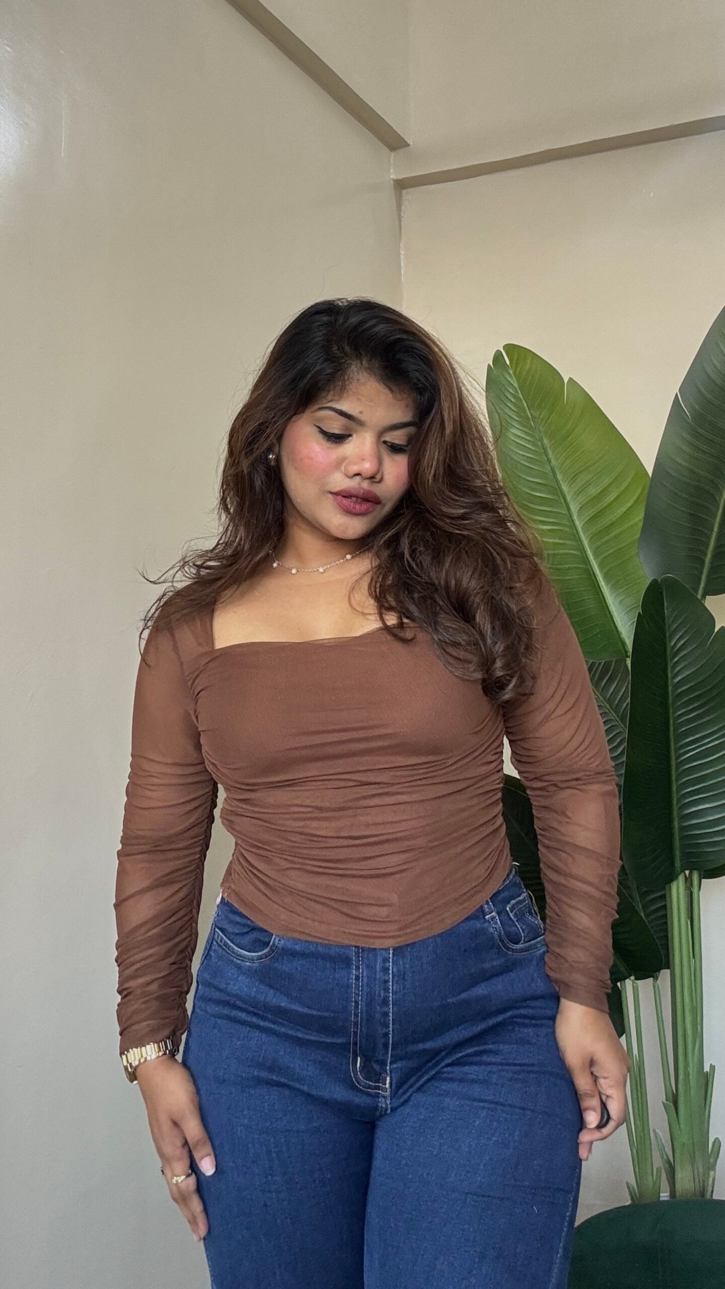 Brown Ruched Mesh Top