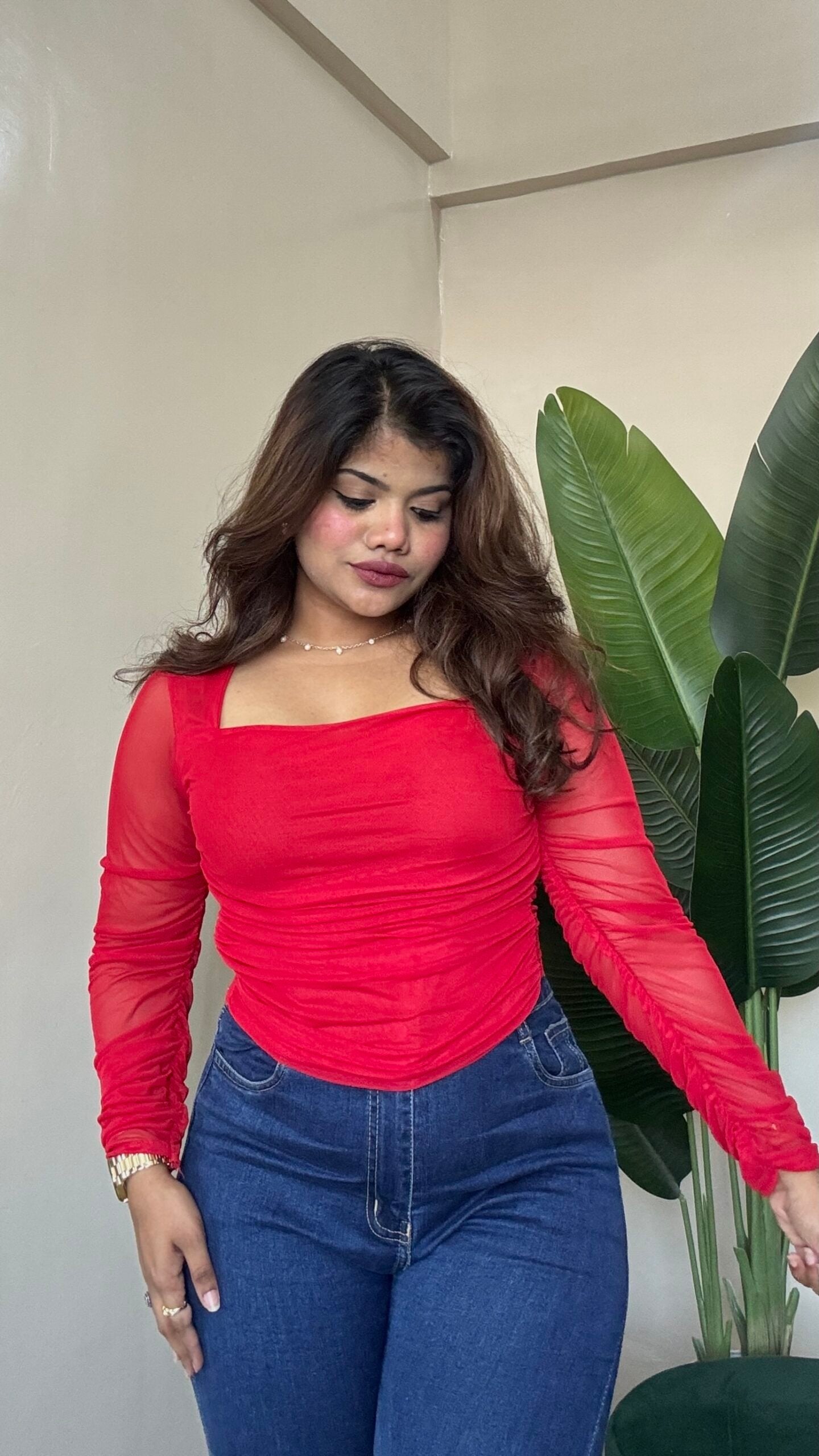 Red Ruched Mesh Top