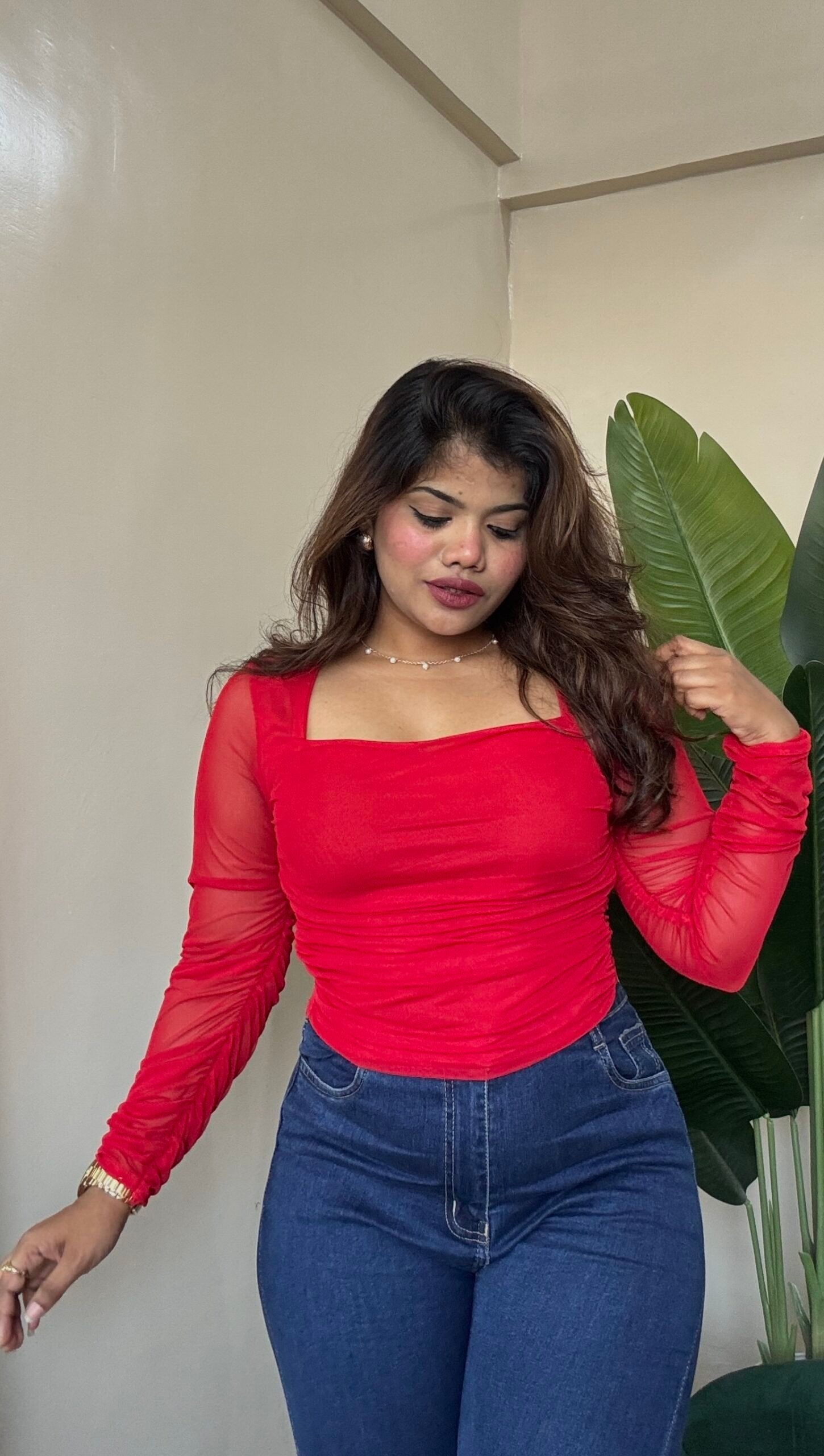 Red Ruched Mesh Top