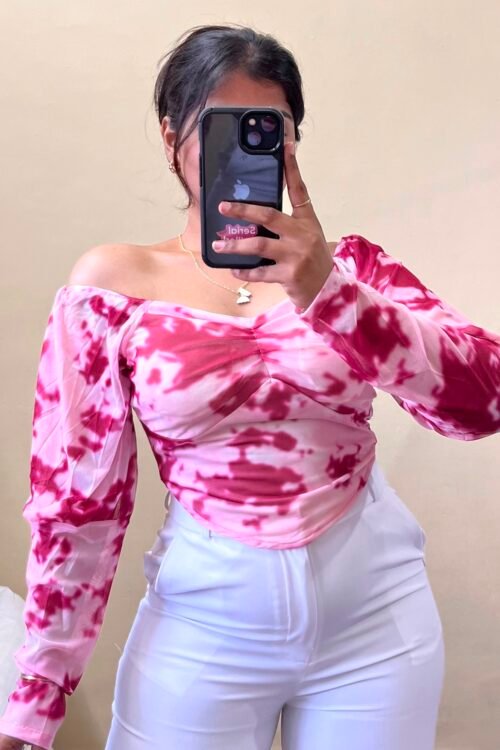 Pink Marble Print Puff Sleeves Mesh Top(free size : 30-34 bust)