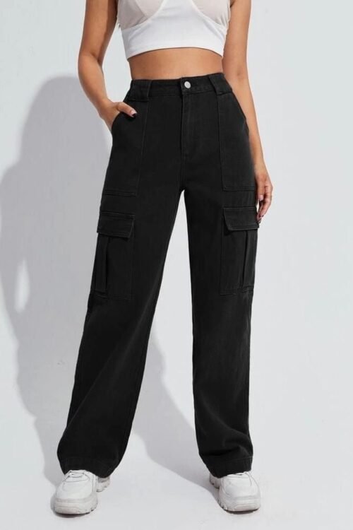 Black High Waist Cargo Denim