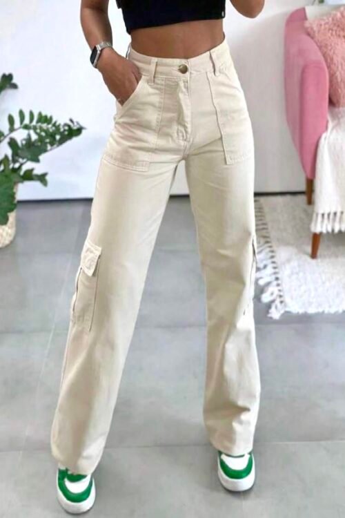 Cream/Beige High Waist Cargo Denim