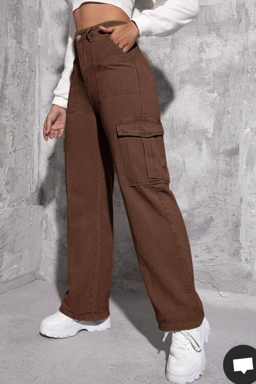 Brown High Waist Cargo Denim