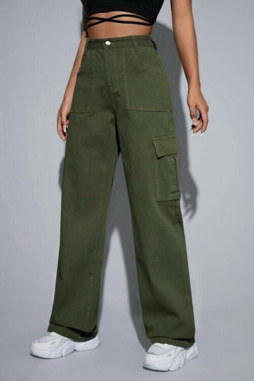 Olive Green High Waist Cargo Denim