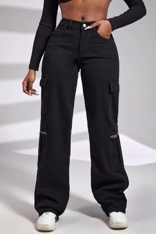 Black High Waist Zipper Denim Cargo