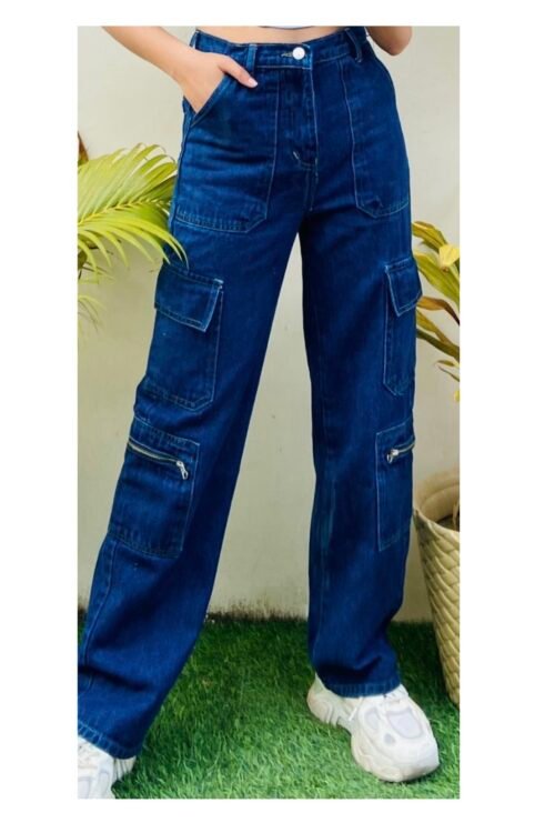 Dark Blue High Waist Zipper Denim Cargo