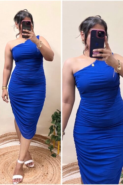 Blue One Shoulder Asymmetrical Mesh Bodycon Dress