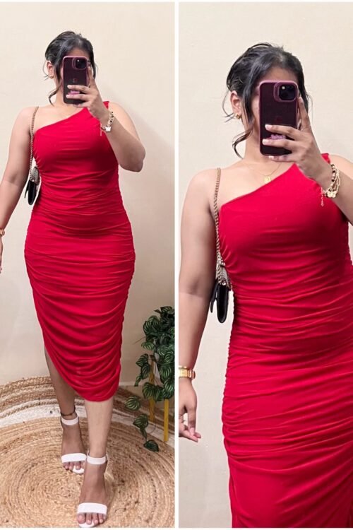 Red One Shoulder Ruched Asymmetrical Mesh Bodycon Dress