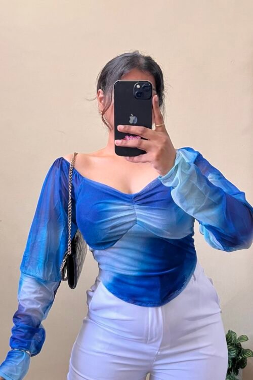 Blue Print Puff Sleeves Mesh Top  (Free Size 30-34 Bust)✨