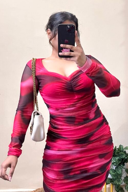 Hot Pink Ruched Sweetheart Neck Mesh Dress