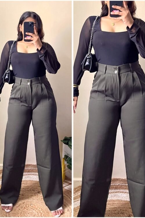 Korean Olive Green Double Button High Waist Pants