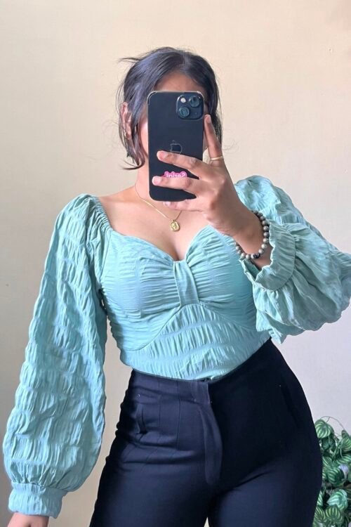 Aqua Blue Puff Sleeve Top (Free Size 30-34 Bust)