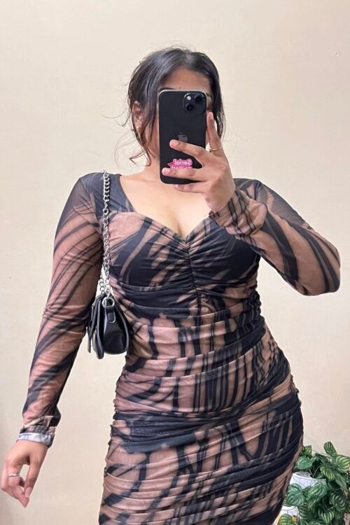 Beige Black Marble Print Sweetheart Neck Mesh Dress (Free Size 30-34 bust)