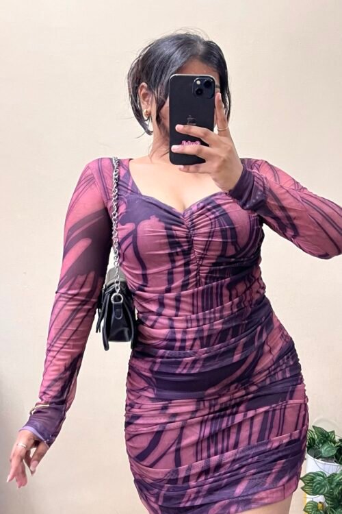 Mauve Pink Marble Print Sweetheart Neck Mesh Dress