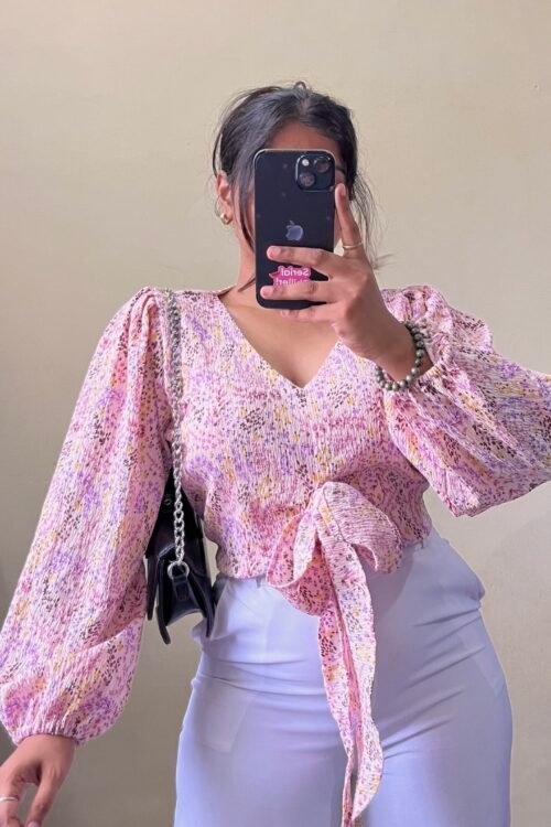 Pink Bow Balloon Sleeve Top Top (free size : 30-34 bust)