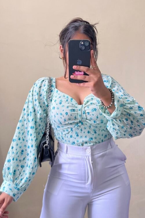 Sage Green floral Balloon Sleeve Top (free size : 30-34 bust)