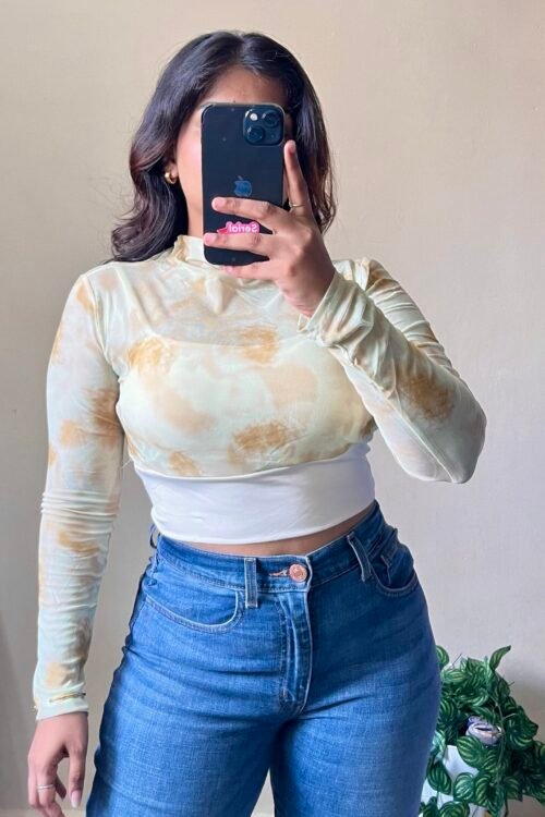 White Marble Print Mesh Top with Attached Inner