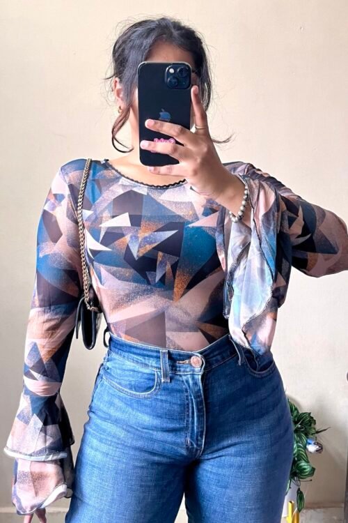Blue Colour-Block Print Frill Sleeve Mesh Top (Size : 30-36 Bust)