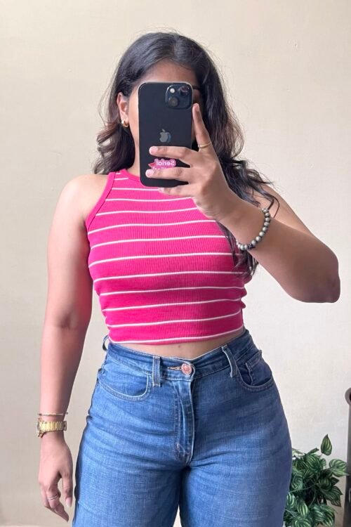 Pink Striped Crop Top (Free Size Upto 34 Bust)