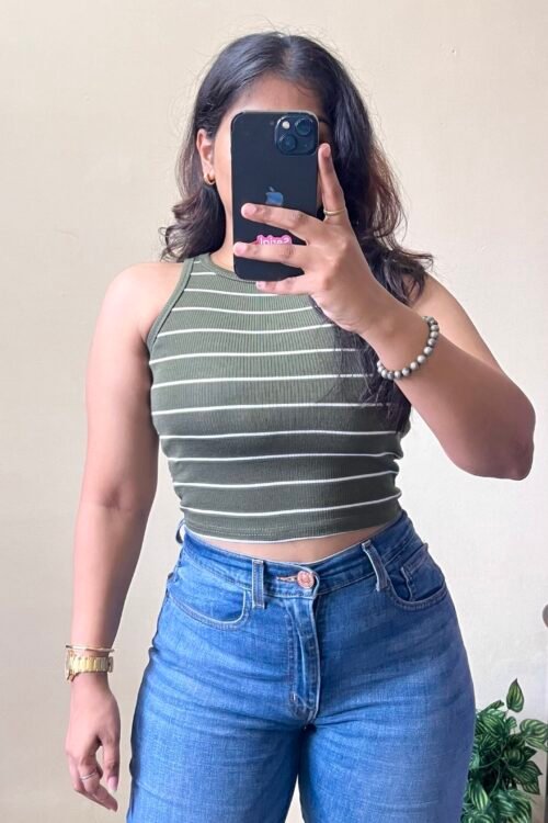 Olive Green Striped Crop Top (Free Size Upto 34 Bust)