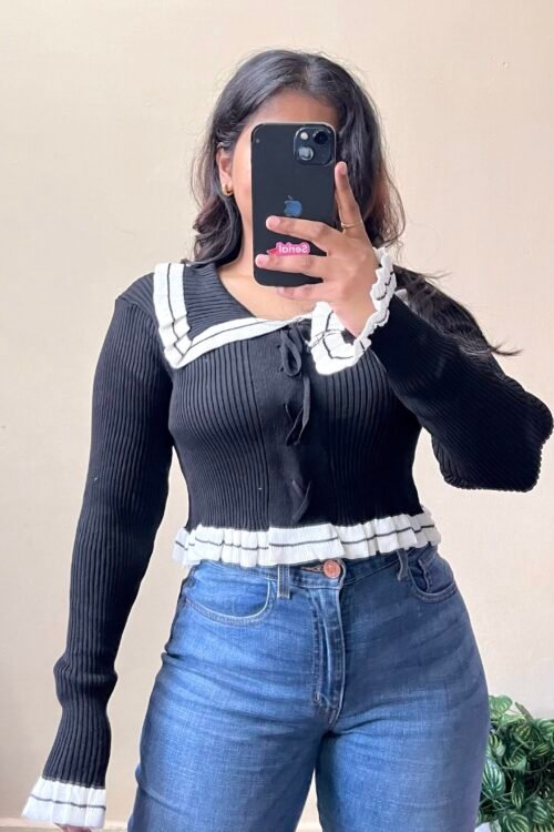 Korean Black Collar Ribbed Top (Size: 30-38 Bust)