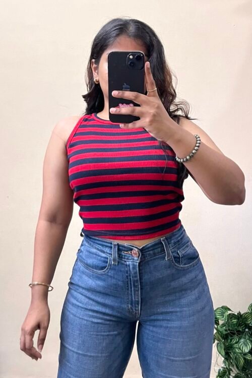 Blue Red Striped Crop Top (Free Size Upto 34 Bust)