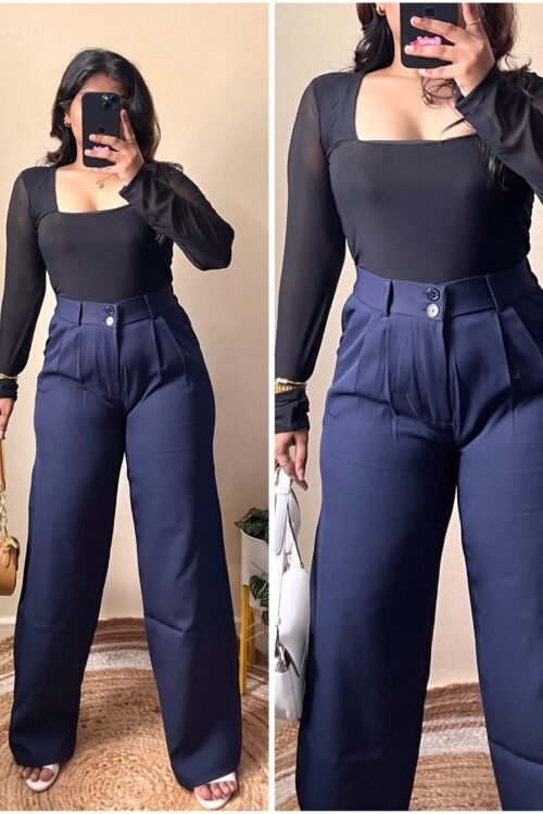 Korean Double Button Navy Blue High Waist Pants