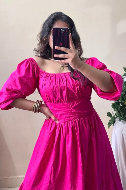 Hot Pink Waist Ruched Dress (Free Size : 32-40 Bust)