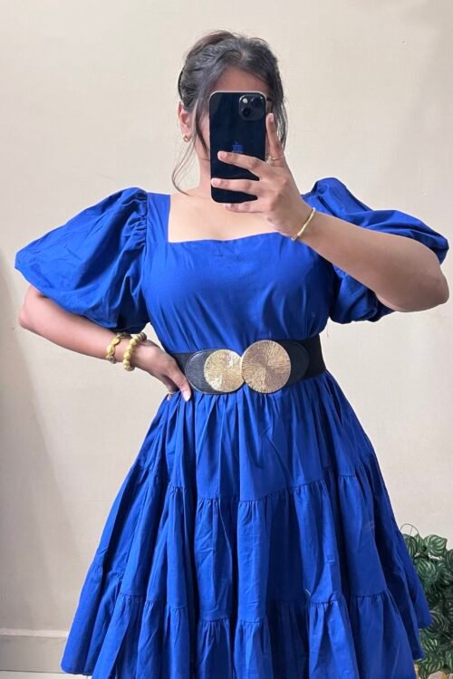 Pretty Blue Cotton Puffy Sleeve Dress (Free Size : 32-40 Bust)