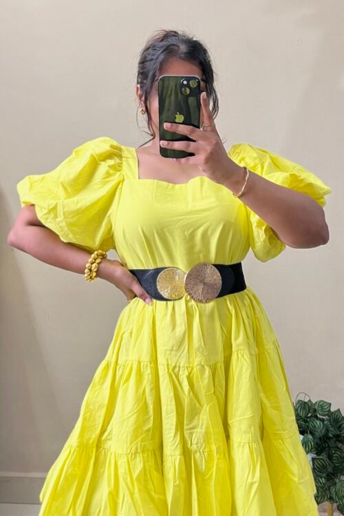 Pretty Neon Yellow Puffy Sleeve Dress (Free Size : 32-40 Bust)