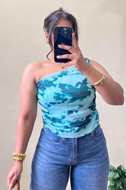 Aqua Green Marble Print One Shoulder Mesh Top (Size : 30-36 Bust)