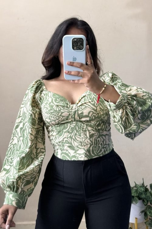 Beige Green Print Puff Sleeve Top(Size : 30-34 Bust)