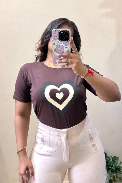 Brown Heart Print T-shirt (Free Size : 30-36 Bust)