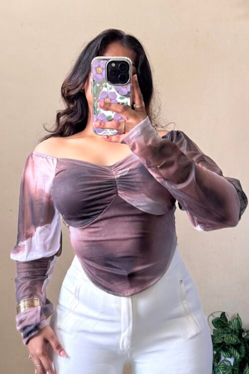 Brown Marble Print Puff Sleeves Mesh Top  (Free Size 30-34 Bust)✨