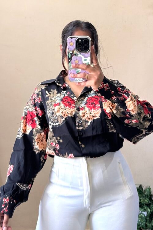 Floral Print Black Shirt (Free Size 34-40 Bust)