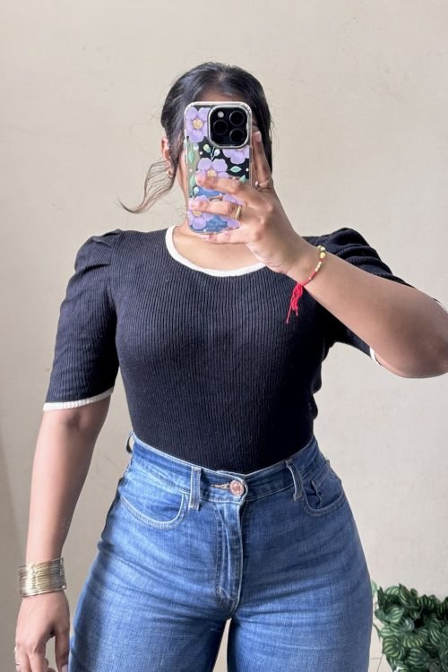 Black Puff Sleeve Ribbed Top(Size : 30-36 Bust)