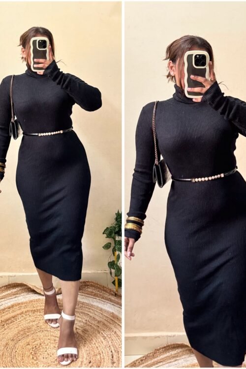 Black Bodycon Dress With Pearl Belt (Free Size : 30-34 Bust)