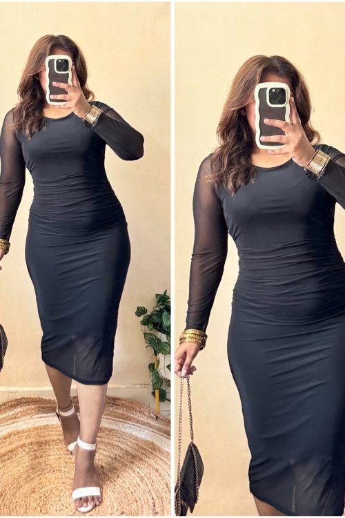 Black Ruched Mesh Bodycon Dress (Free Size : 30-36 Bust)