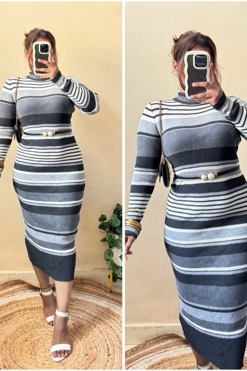 Black White Striped Bodycon Dress With Belt (Free Size : 34-40 Bust)