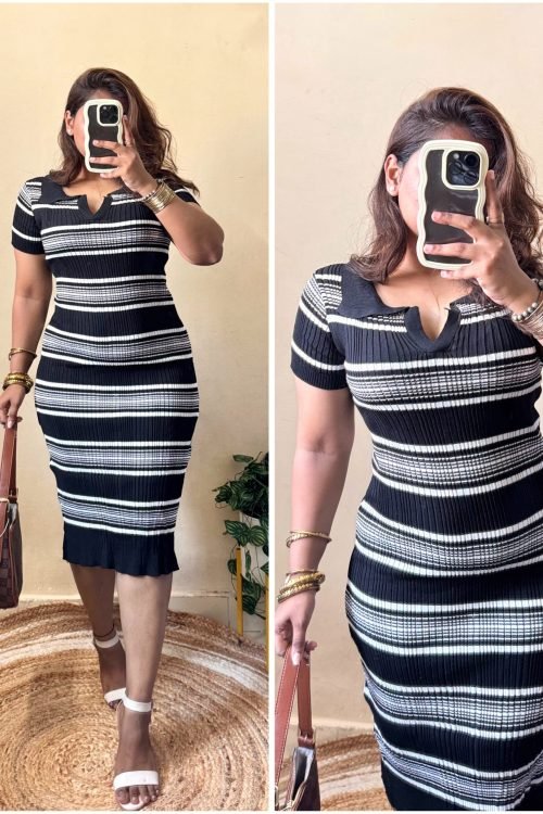 Black Striped Collar Bodycon Dress (Free Size : 30-38 Bust)