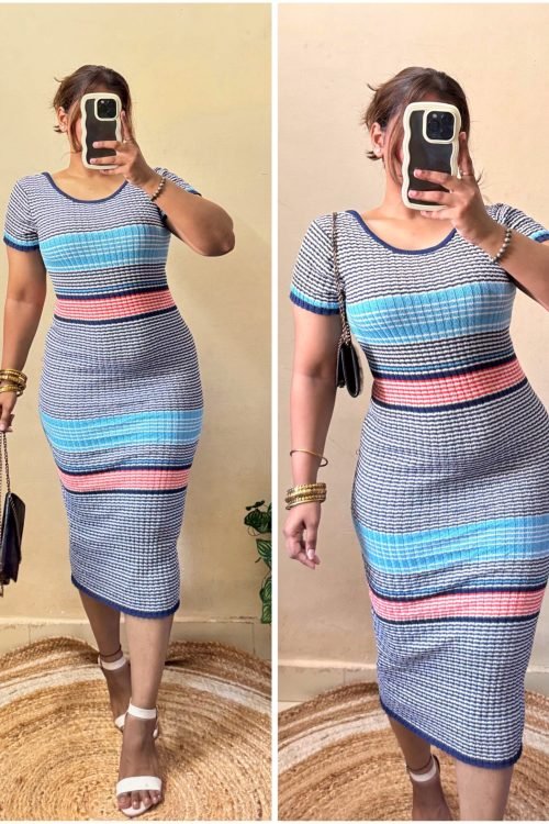 Blue Striped Bodycon Dress (Free Size : 30-34 Bust)