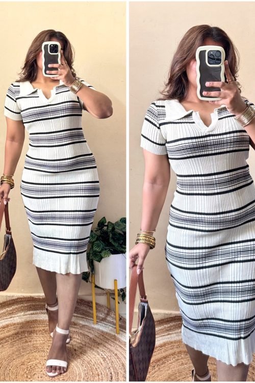 Beige Striped Collar Bodycon Dress (Free Size : 30-38 Bust)