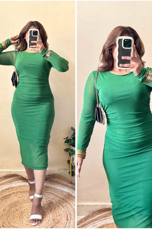 Green Ruched Mesh Bodycon Dress (Free Size : 30-36 Bust)