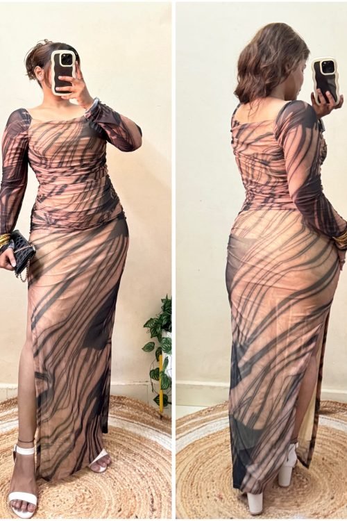 Beige Marble Print Slit Cut Mesh Bodycon Dress (Free Size : 30-36 Bust)