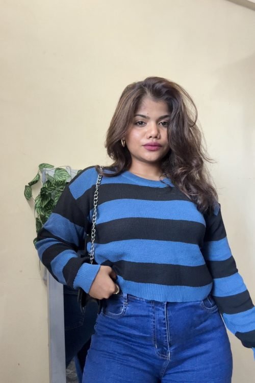 Blue Black Striped Knit Pullover(Free Size : 30-38 Bust)