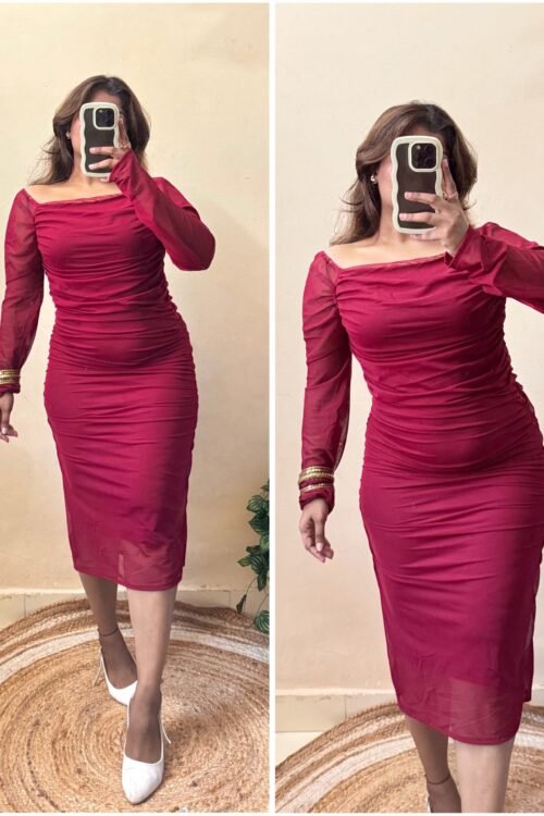 Maroon Red Ruched Mesh Dress (Free Size : 30-36 Bust)